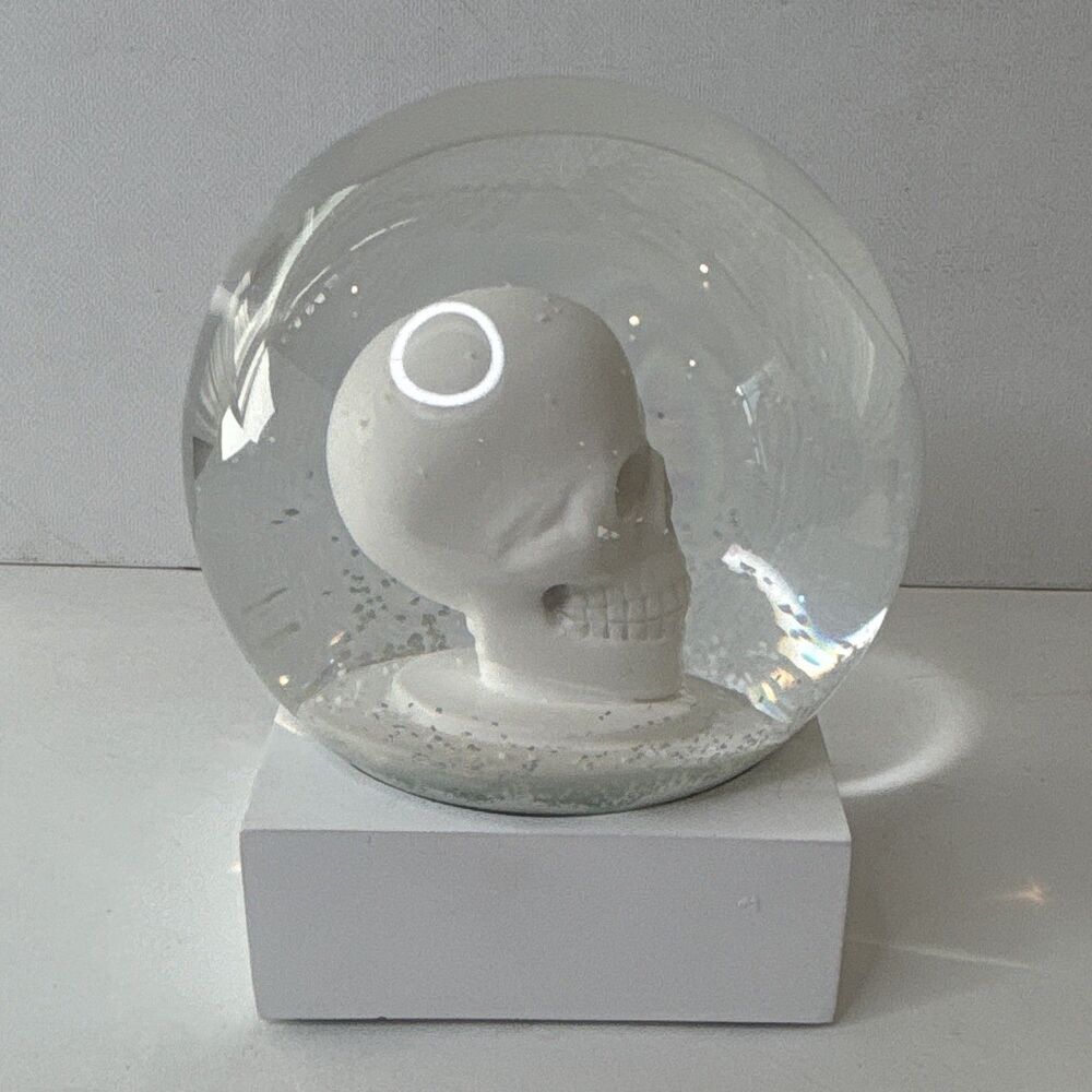 CB2 Skull White Snow Globe Halloween Gothic Skeleton Glitter Snowglobe 409-984 - Picture 4 of 14